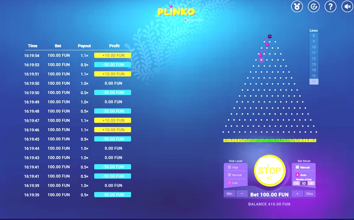 Графика Plinko с 16 линиями